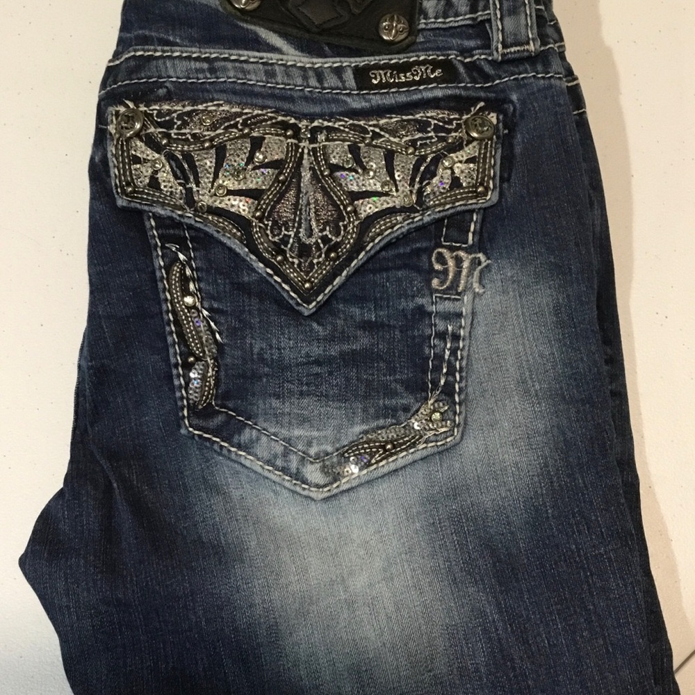 Miss Me Dark Blue Boot Cut Jeans with Silver Embellished Pockets
